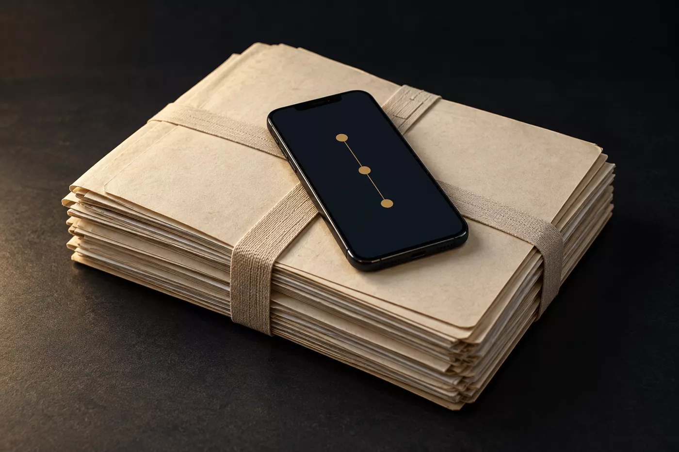 A phone resting on a tied bundle of case papers